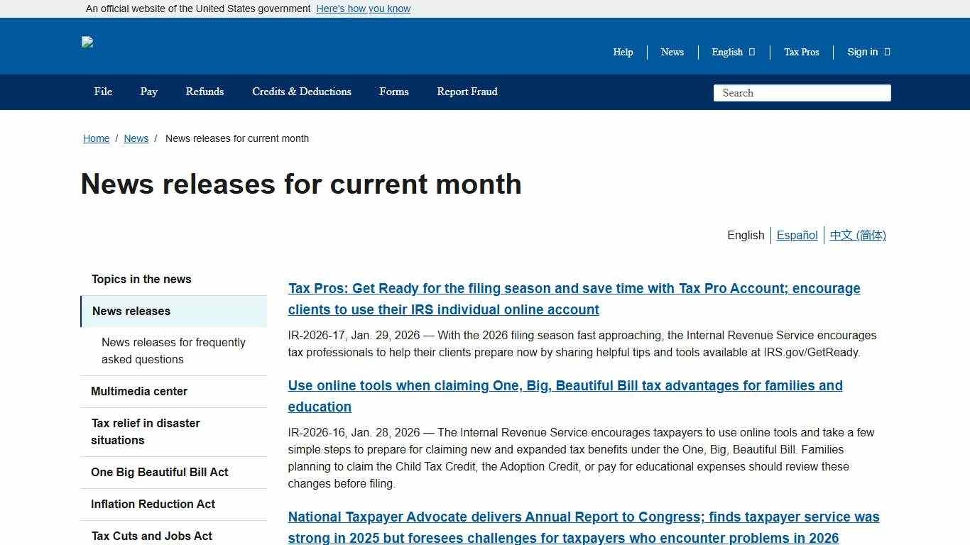 News releases for current month Internal Revenue Service